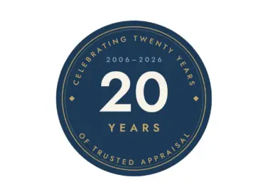 Prestar Services 20th anniversary badge celebrating two decades as Florida's insurance appraisal experts
