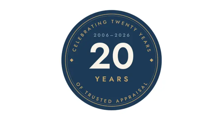 Prestar Services 20th anniversary badge celebrating two decades as Florida's insurance appraisal experts