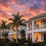 Two story condominium buildings with palm trees at sunset