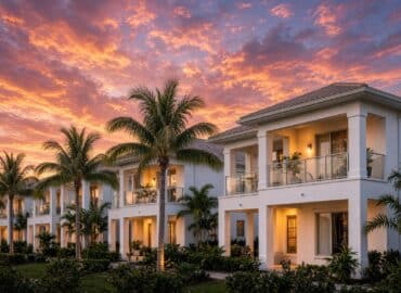 Two story condominium buildings with palm trees at sunset