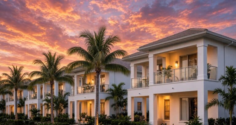 Two story condominium buildings with palm trees at sunset