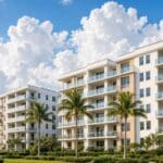 Condominium buildings with palm trees under a blue sky