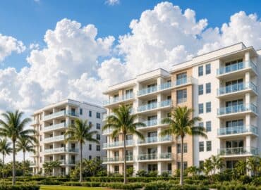 Condominium buildings with palm trees under a blue sky