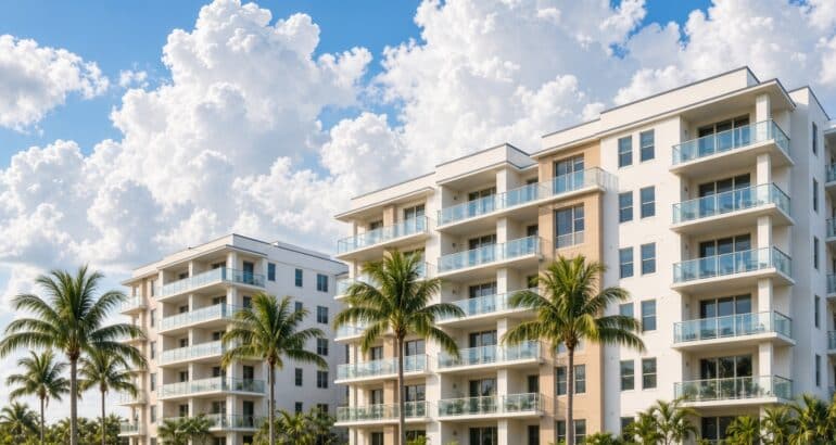 Condominium buildings with palm trees under a blue sky