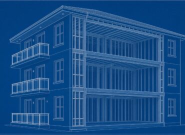 Insurance appraisal illustration of a condo building with one side cut away to show the empty framed shell inside