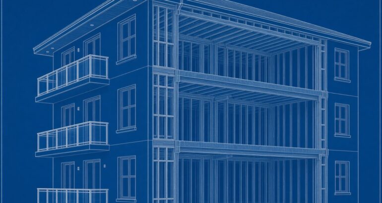 Insurance appraisal illustration of a condo building with one side cut away to show the empty framed shell inside