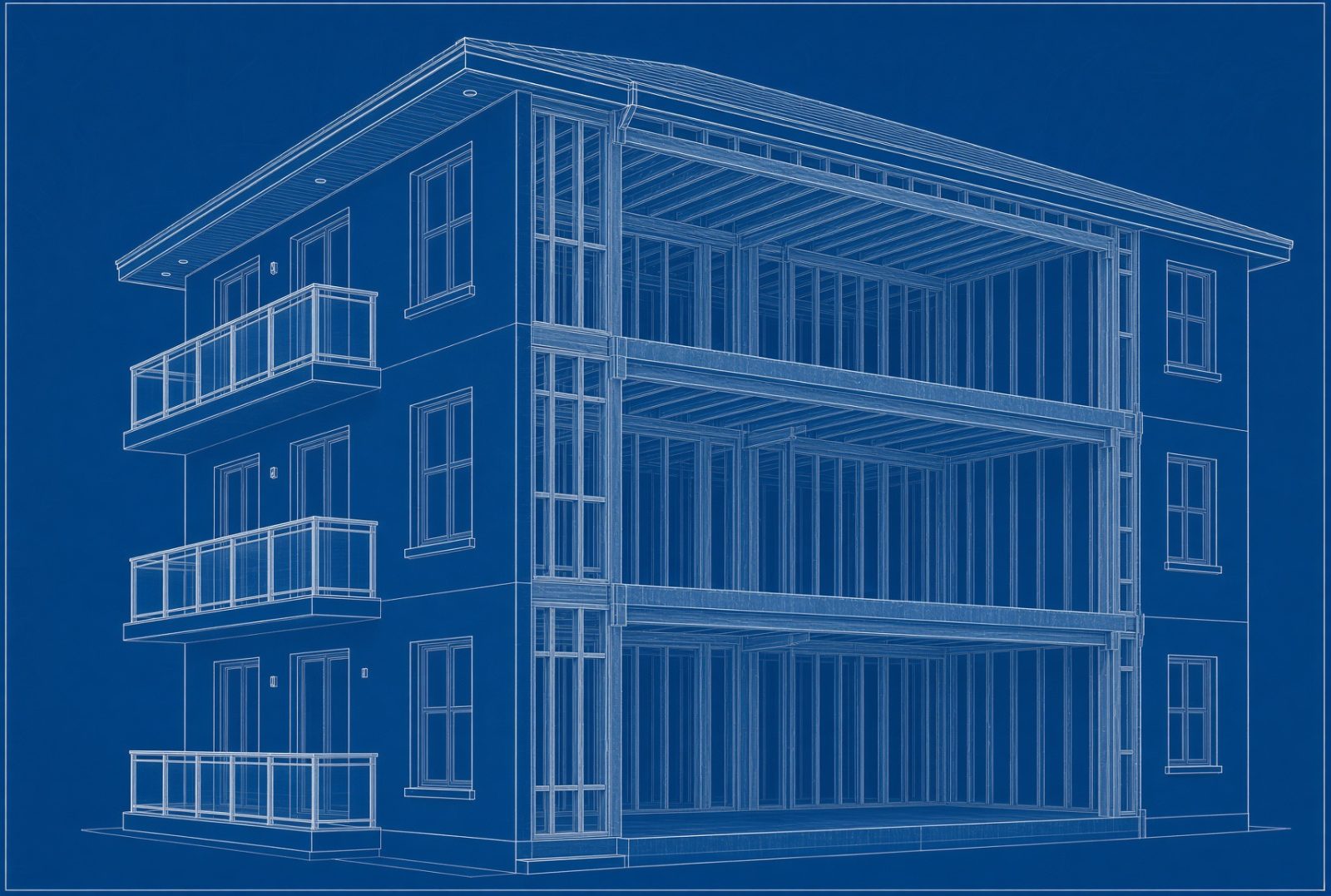 Insurance appraisal illustration of a condo building with one side cut away to show the empty framed shell inside